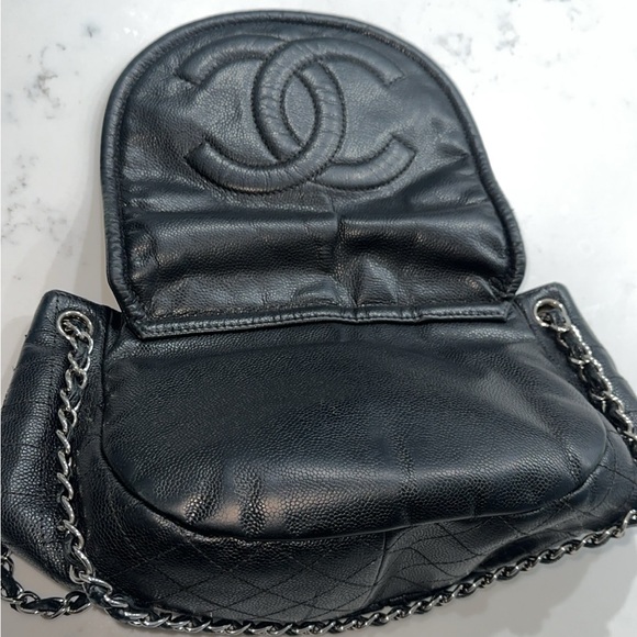 Preowned Authentic Chanel Black Caviar Leather, Pleated Half Moon Flap Bag - Picture 7 of 16